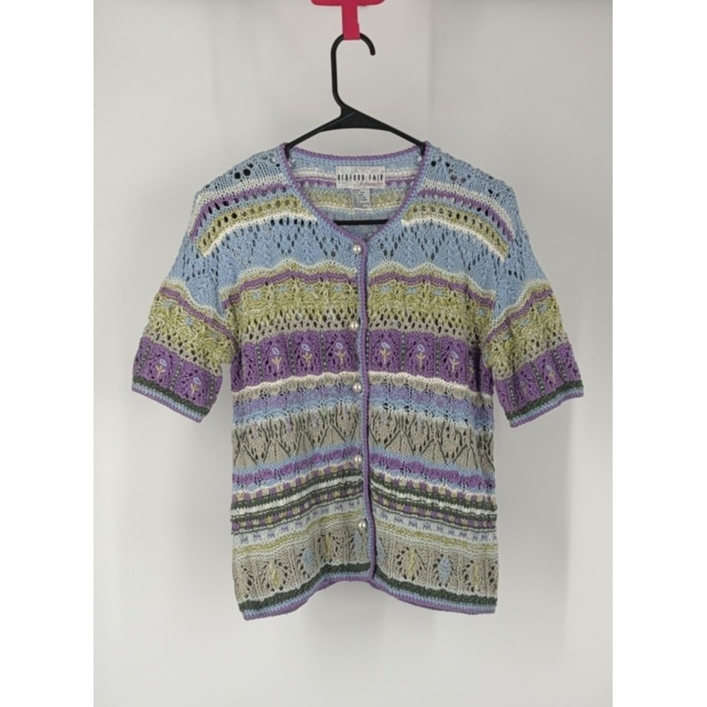 Bedford Fair Cardigan Womens S Crochet Knit Pastel Cottagecore granny floral VTG